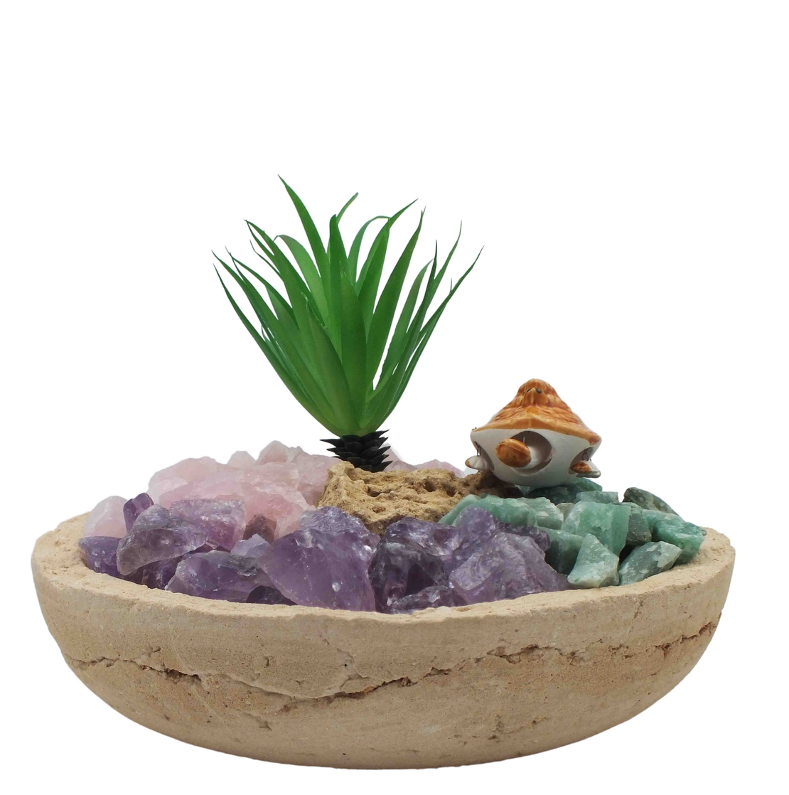 מעיין נובע בקערה עגולה במראה טבעי - אמטיסט, רוזקוורץ ואוונטורין ירוק גולמיות