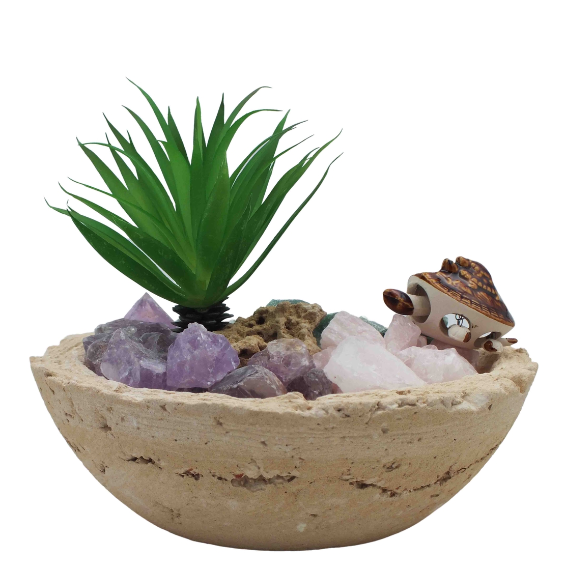 מעיין נובע בקערה עגולה במראה טבעי - אמטיסט, רוזקוורץ ואוונטורין ירוק גולמיות