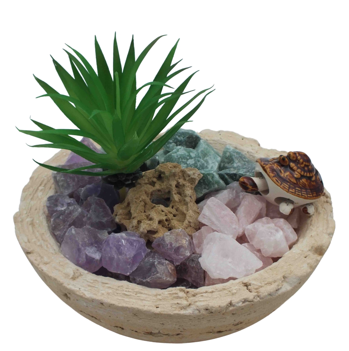 מעיין נובע בקערה עגולה במראה טבעי - אמטיסט, רוזקוורץ ואוונטורין ירוק גולמיות