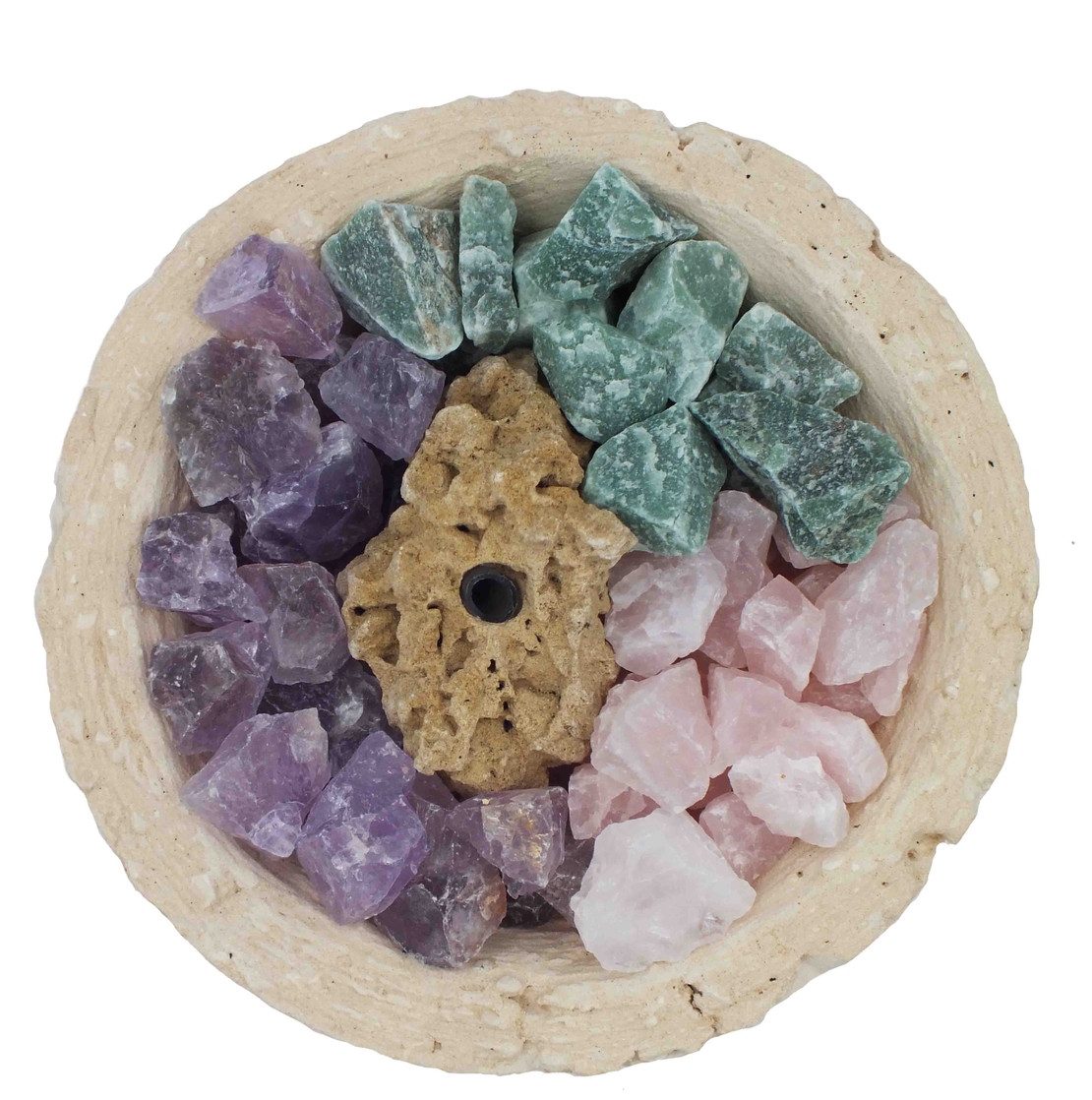 מעיין נובע בקערה עגולה במראה טבעי - אמטיסט, רוזקוורץ ואוונטורין ירוק גולמיות