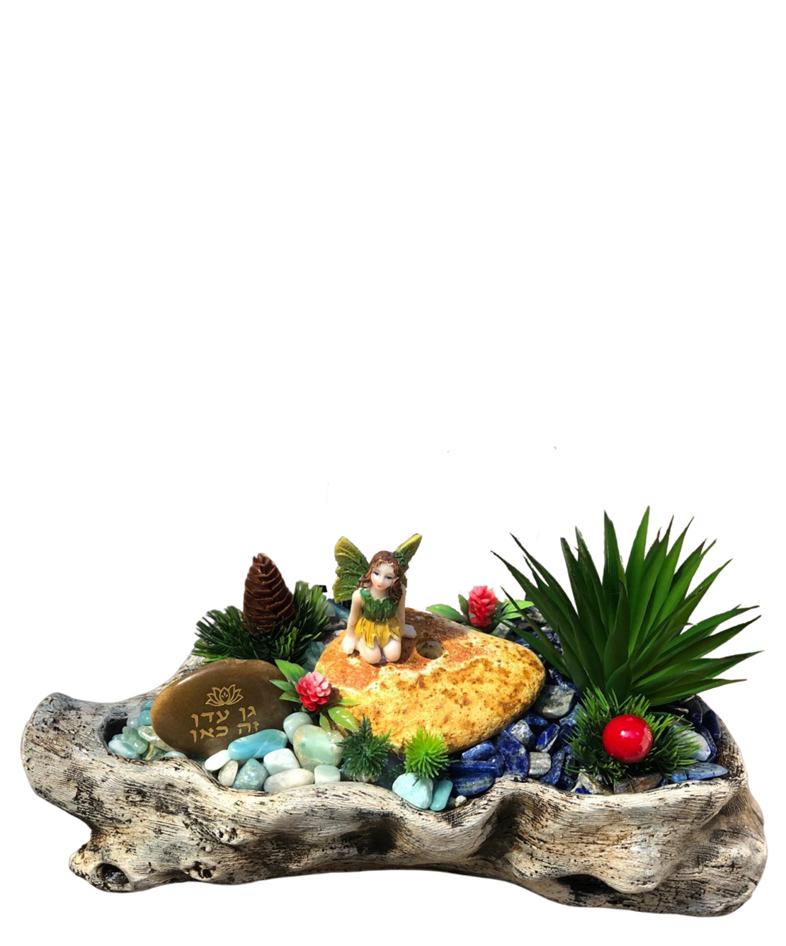 מעיין נובע עם לאפיס לזולי ואמזונייט בקערה דמוית גזע עץ 