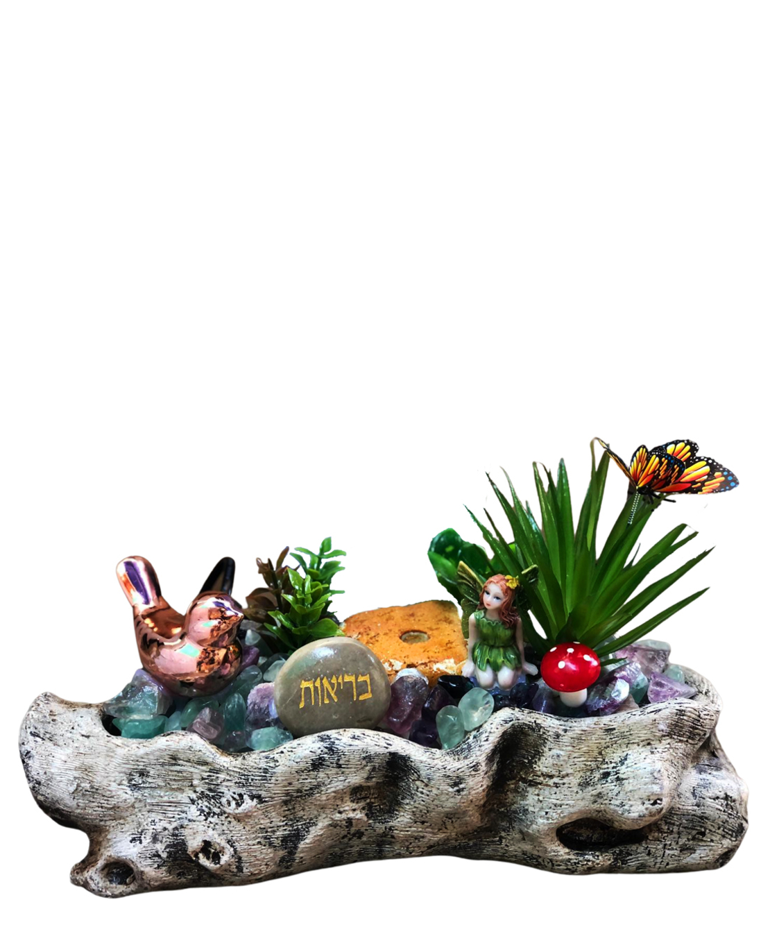 מעיין נובע עם פלורייט בקערה דמוית גזע עץ