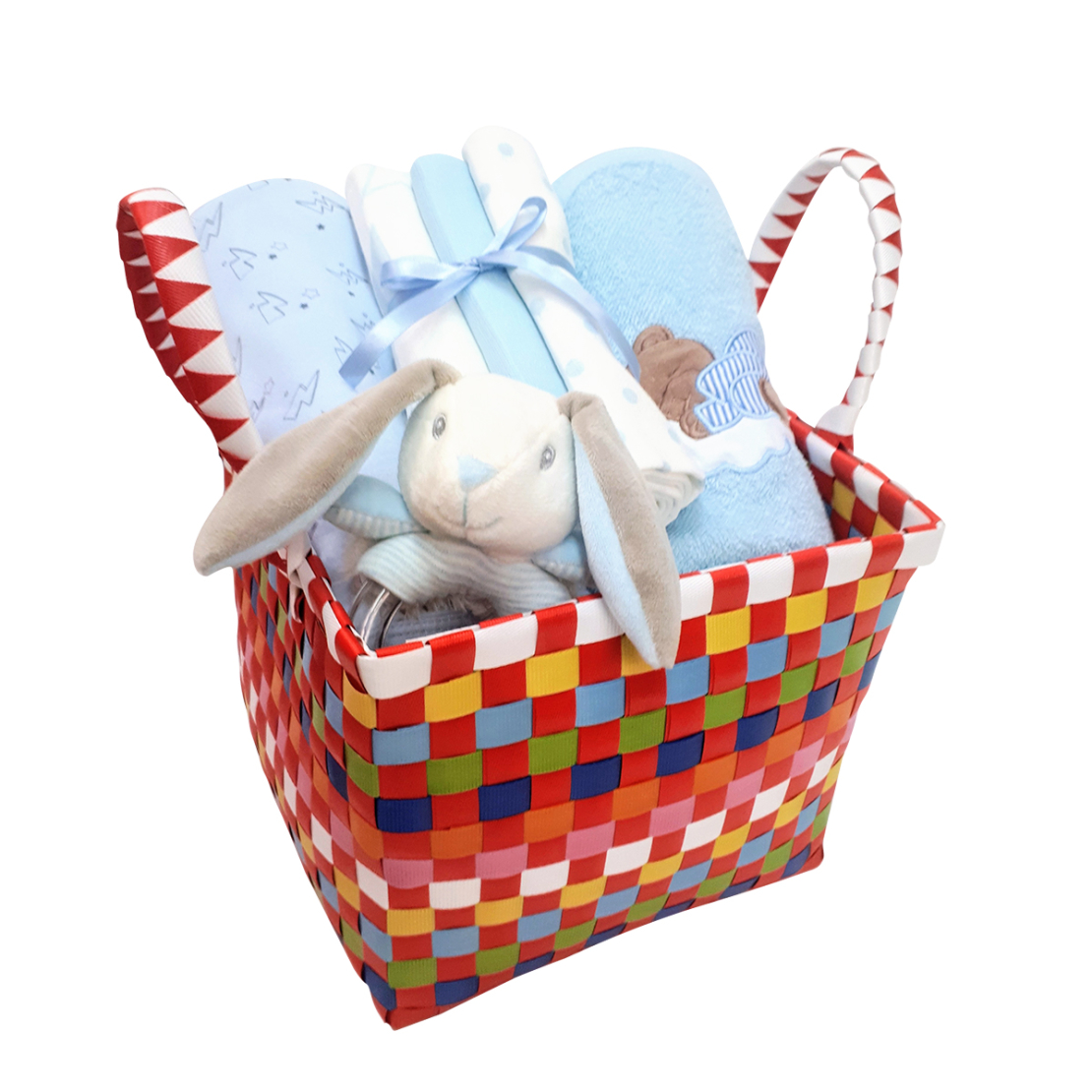 10# - מתנה לתינוק המאושר : שמיכה, קפוצ'ון מגבת, שלישיית חיתולי טטרה ורעשן טבעת בסל צבעוני קלוע
