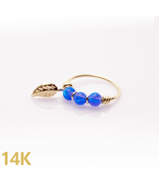 Hoop for piercing with a feather and 3 opal beads 14K gold