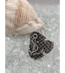 Silver anchor ring set with black zircons