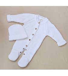 סט אוברול סרוג+כובע 0-3 - לבן