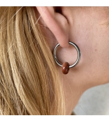 Silver plated hoop earrings with a stone bead - sparkling red