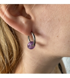 Silver plated hoop earrings with a stone bead - amethyst