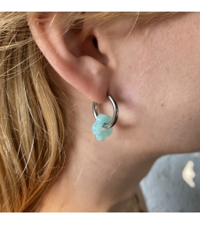 Silver plated hoop earrings with a stone bead - light blue flower