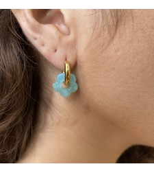 Gold plated hoop earrings with a stone bead - light blue flower