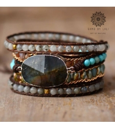 Sparkling 5-Strand Labradorite and Rhinestone Leather Wrap Bracelet - Handmade Bohemian Statement Jewelry