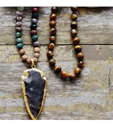 Luxurious Tiger Eye & Onyx Arrowhead Pendant Necklace - Handmade Boho Chic Jewelry for Women