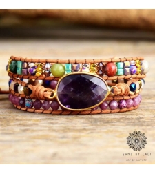 Triple-Layer Amethyst Leather Wrap Bracelet - Handmade Bohemian Statement Jewelry