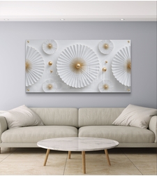 פרחי נייר – תמונת זכוכית תלת־ממד לבן וזהב עם עיגולים דקורטיביים | GL9224