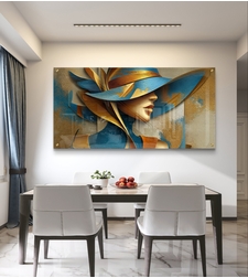 כובען הזהב – תמונת זכוכית דיוקן נשי בכחול וזהב עם כובע דרמטי | GL9223