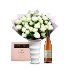 Bouquet of white roses + Perly chocolate + Wine