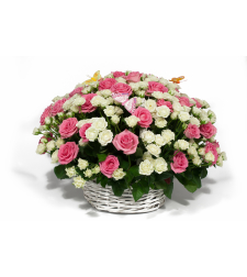 Special flower arrangement in the basket with roses and liziantus