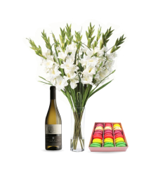 Bouquet of white gladioli + Ferrero + Wine