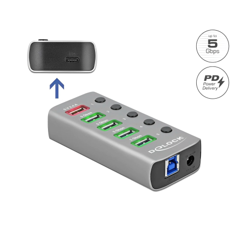 מפצל USB HUB מקצועי USB 3.2 Gen 1 PD עם 4 כניסות USB-A תומך בטעינה מהירה 5/12 וולט Delock