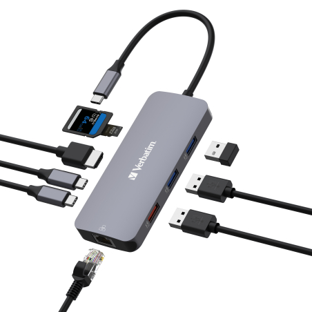 VERBATIM USB-C™PRO MULTIPORT HUB 1 x HDMI, 1 x RJ45, 2 x USB-C 3.2 Gen2, 1 x USB-A 3.2 Gen2, 2 x USB-A 3.2 Gen1, 1 x SD card slot, 1 x microSD card slot