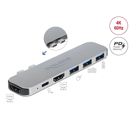 תחנת עגינה Thunderbolt™3 4K עבור MacBook ל- 2 מסכים בו זמנית עם אספקת מתח דגם Delock D87753