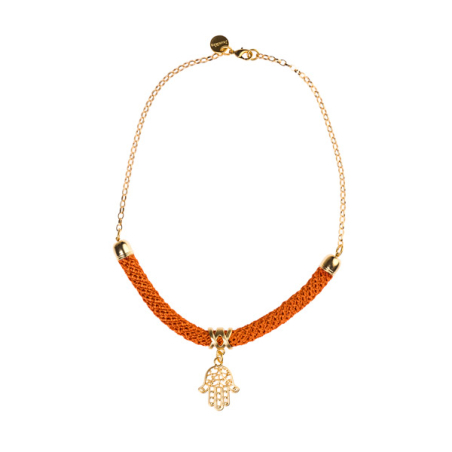 Orange crocheted necklace for women with a filigree Hamsa pendant | Nava