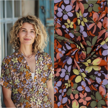 אריג ויסקוזה דפוס פריחה מרהיבה על רקע חום