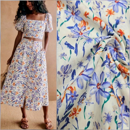 אריג כותנה דפוס גן פורח בסגול