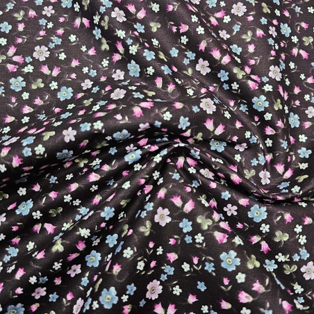 אריג כותנה דפוס פרחים קטנים על רקע חציל כהה