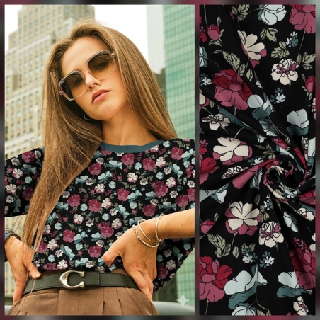 טריקו כותנה דפוס פרחים כפרי על רקע שחור