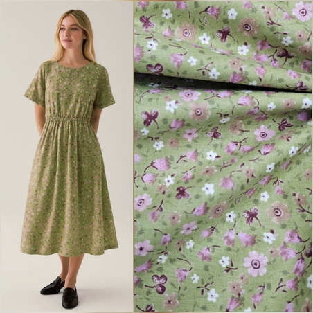 אריג כותנה דפוס פרחי פעמונית קטנים על רקע פיסטוק