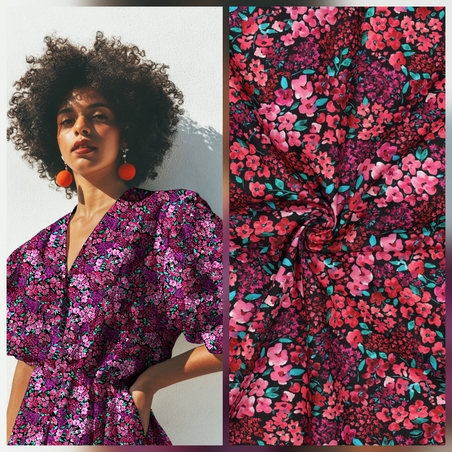 אריג כותנה דפוס פריחה מרהיבה על רקע שחור