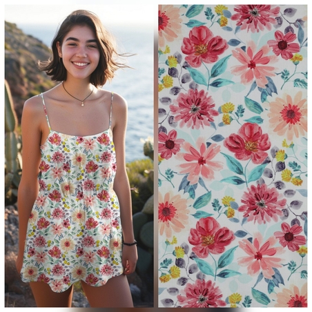 אריג כותנה דפוס פרחים דיגיטלי גווני אדום דגם שיר