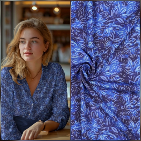 אריג ויסקוזה דפוס עלעלים דיגיטלי על רקע קובלט