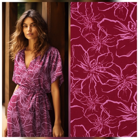 אריג ויסקוזה דפוס פרחי מגנוליה מצויירים על רקע דומדמניות