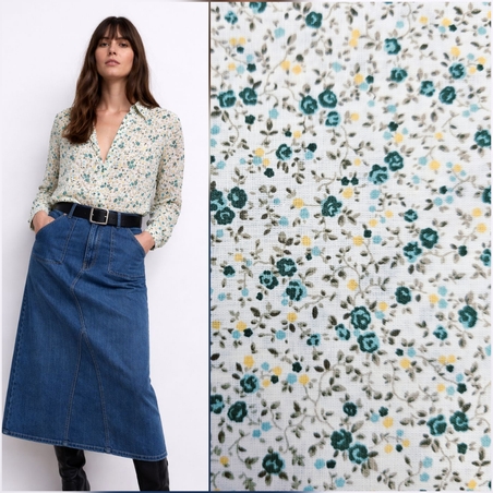 אריג כותנה פרחים קטנים בגווני ירוק דגם שרון