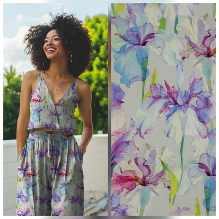 אריג ויסקוזה דפוס פרחי אירוס דיגיטלי בגוונים רכים