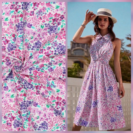 אריג כותנה דפוס פריחה מרהיבה על רקע לבן