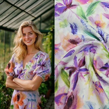 אריג ויסקוזה טנסל דפוס פריחת האקוורל בגווני לבנדר ירוק