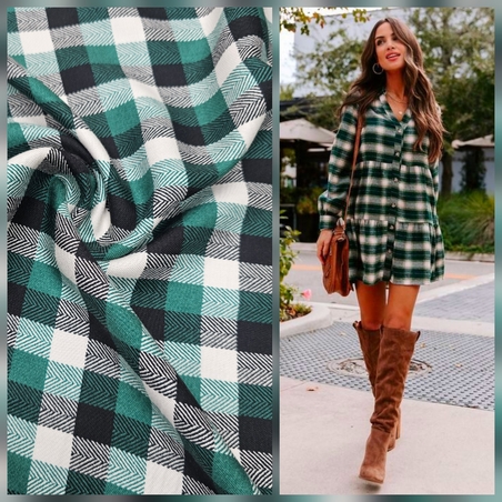 אריג ויסקוזה משבצות בגווני ירוק לבן ושחור