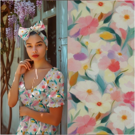 אריג ויסקוזה דפוס פרחי מיים דיגיטלי