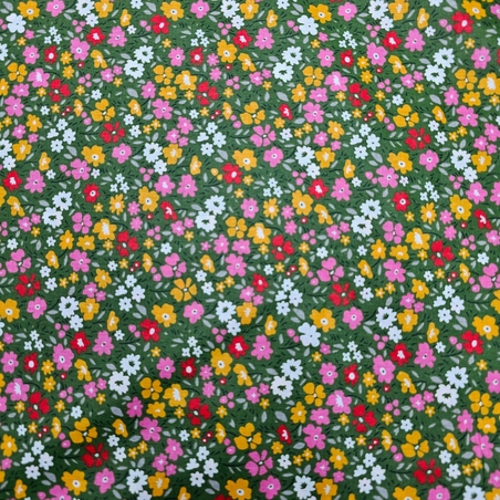 אריג כותנה דפוס פרחים שמחים על רקע ירוק דגם אתי