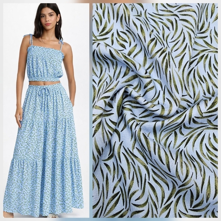 אריג ויסקוזה דפוס עלעלים מאורכים על רקע תכלת חלומי