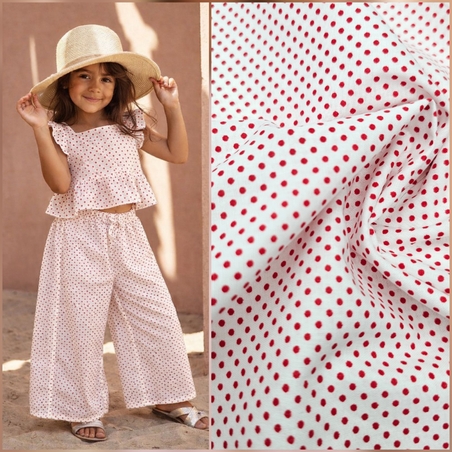 אריג כותנה נקודות סיכה אדום על רקע לבן