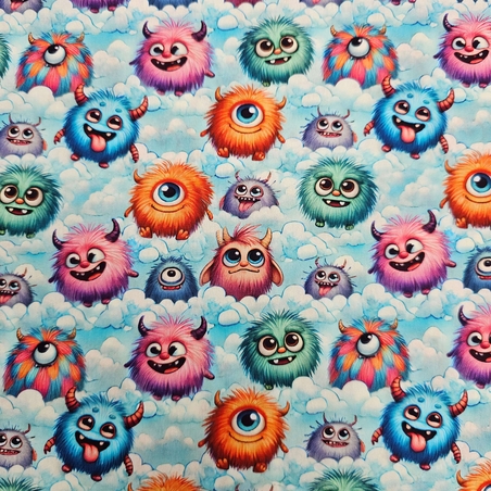 אריג כותנה דפוס מפלצות חמודות תלת ממד