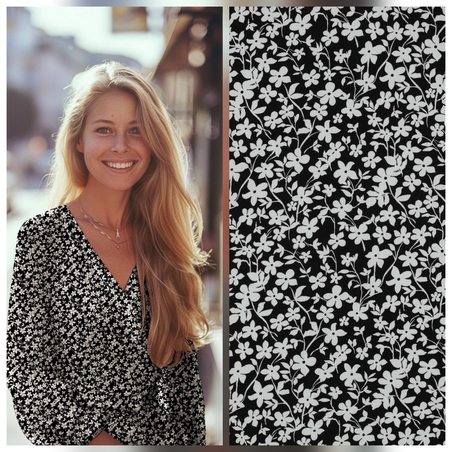 אריג ויסקוזה דפוס פרחים קטנים גווני שחור לבן דגם חן