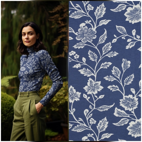 טריקו ויסקוזה דפוס פרחים מצויירים על רקע כחול