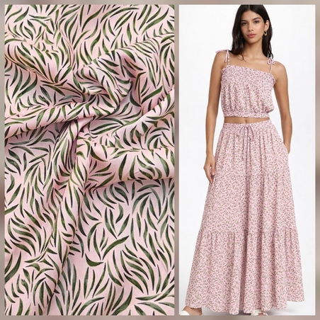 אריג ויסקוזה דפוס עלעלים מאורכים על רקע ורוד בלט