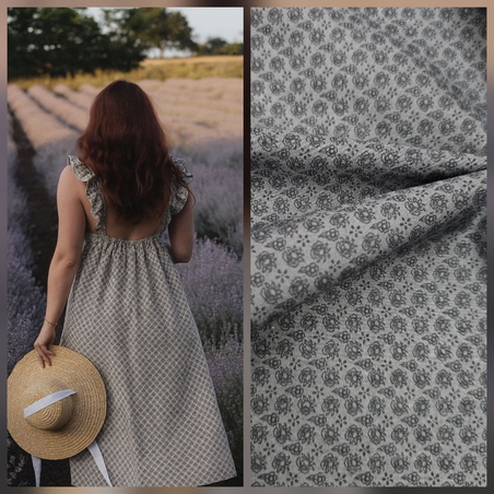 אריג כותנה וואל אפור דפוס פרחים עדינים