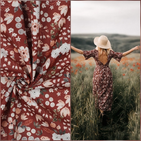 אריג כותנה דפוס פרחי בר על רקע בורדו מעושן